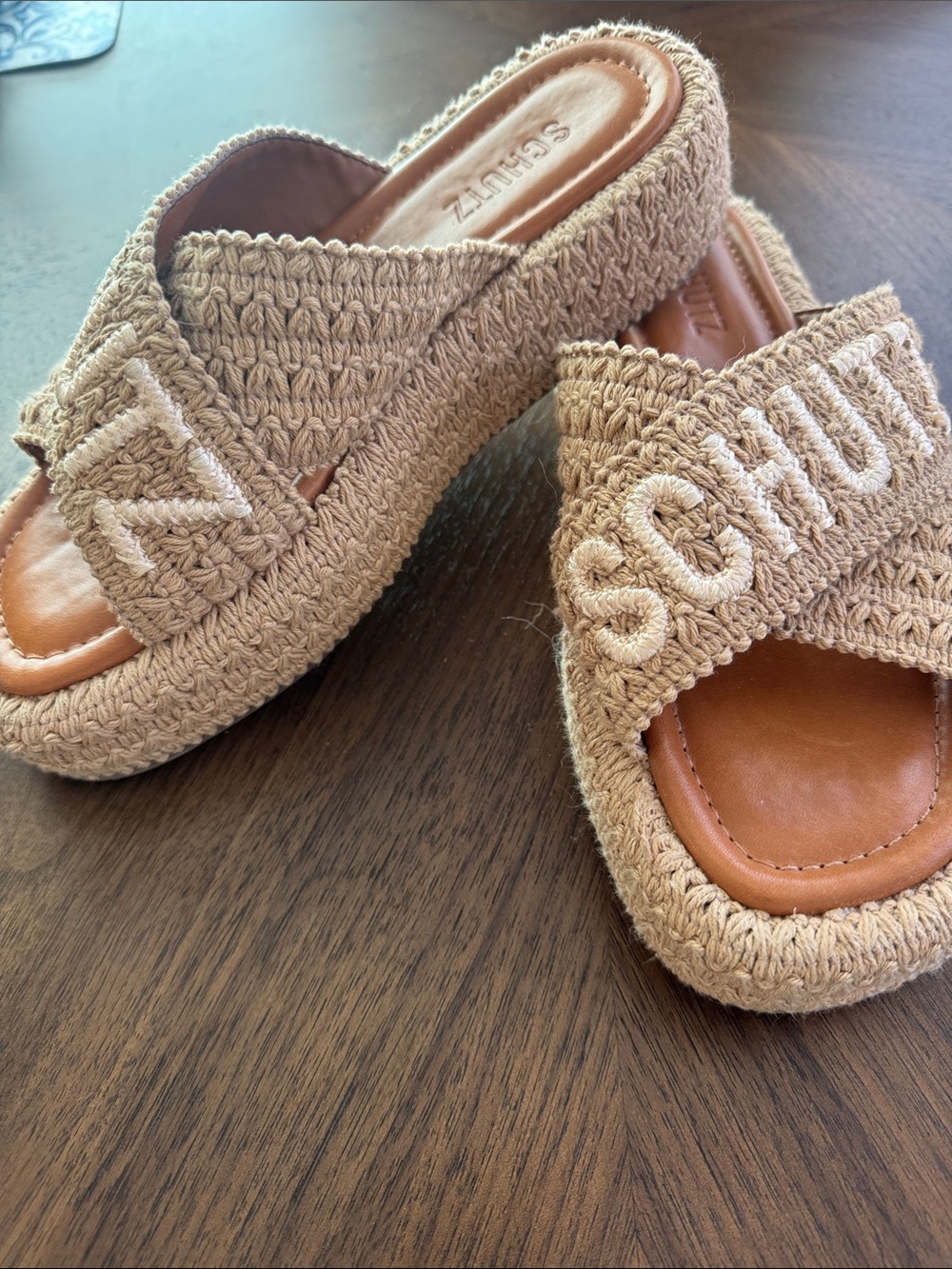 SCHUTZ Tan Crochet Crossband Slide Sandals - Picture 3 of 8